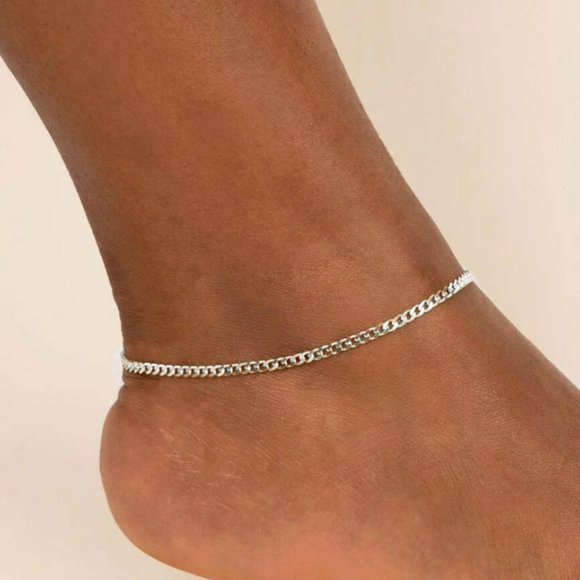 SOLID Sterling Silver Curb Link Ankle Bracelet Real Silver Stamped 925 ITALY - Picture 1 of 4